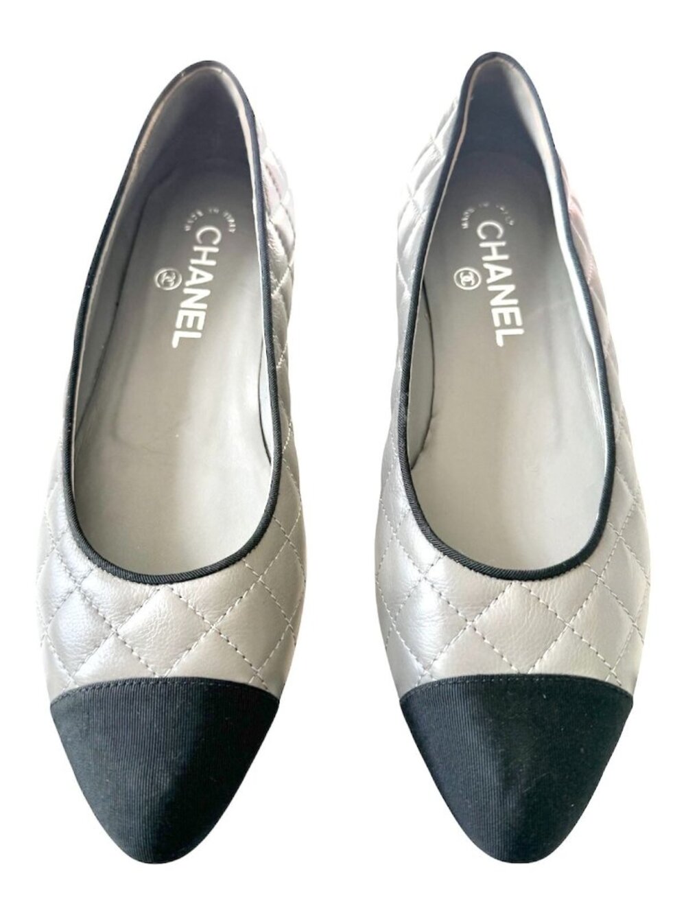 Chanel CC Quilted Cap Toe Ballet Flats Gray Black Leather EU 36.5 US 5.5-6 - Picture 3 of 13